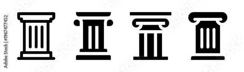 Ancient Greek column icons set, 4 black and white architectural pillar SVG elements, classical roman stone pedestal symbols for law and history
