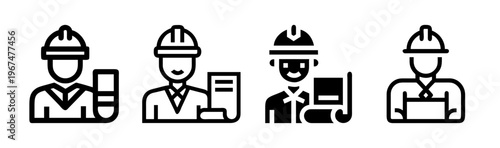 Construction engineer line icons, professional architect and builder avatars, set of 4 worker symbols for industrial project management