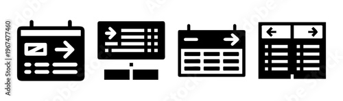 Airport information board icons, flight schedule and terminal wayfinding signs, black solid vector set for travel navigation