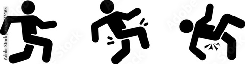Three icons depicting different types of falls and stumbles in motion