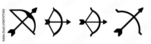 Minimalist bow and arrow icon set, black archery silhouette collection, 4 simple bow and arrow SVG elements for gaming and sports UI