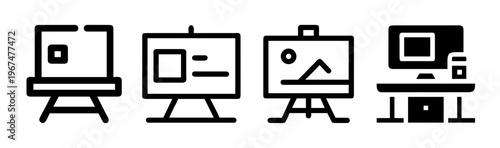 Minimalist presentation board icons, professional easel and computer desk svg set, black outline office display symbols for business reports