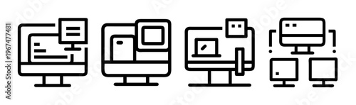 Minimalist computer monitor icons, set of 4 black line vector illustrations, desktop screen and network display symbols for web design
