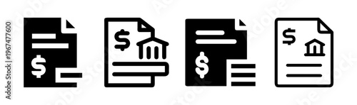 Collection of four bank statement icons, solid black vector graphics.