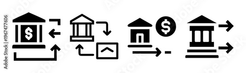 Bank transfer icons illustrating money flow and financial transactions with banks.