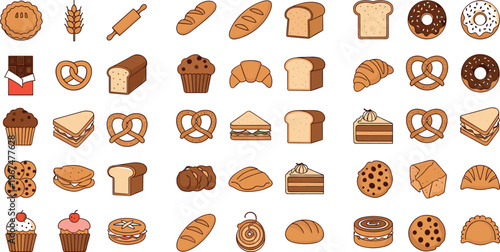 Variety of Baked Goods Including Bread, Donuts, Cookies, Muffins, Pretzels, Cake, and Pastries for Bakery, Snacks, and Dessert Themes