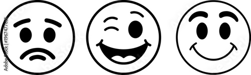 Three simple emoticons depicting different emotional expressions in black and white