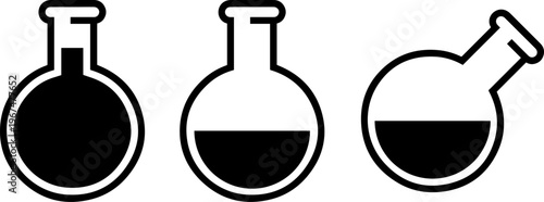 Different types of laboratory flasks with varying liquid levels and designs