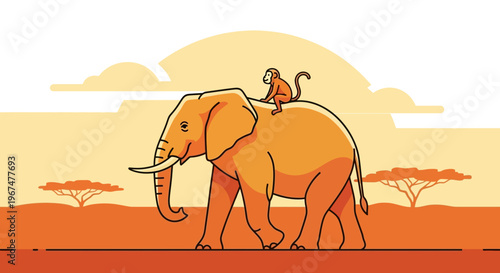 Monkey riding on elephant's back in savannah.
