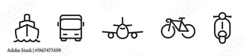 Minimalist Transportation Line Icons Set – Ship Ferry, Bus, Airplane, Bicycle and Scooter Symbols for Travel, Public Transport, Mobility, Logistics and Navigation UI UX Design, Modern Vector Outline 