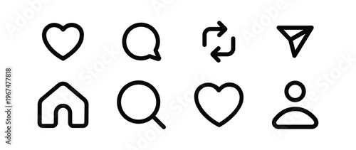 Minimalist Social Media Interface Icons Set Inspired by Threads App – Line Icons for Like, Comment, Repost, Share, Home, Search and Profile Navigation, Modern UI UX Symbols Collection for Mobile and W