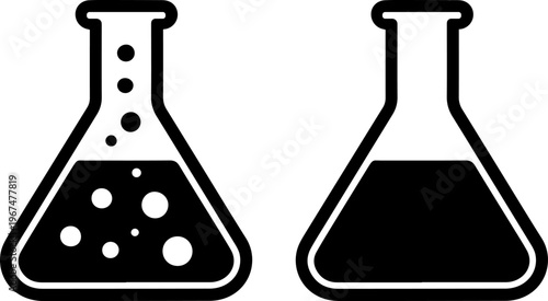Comparison of a filled and empty laboratory erlenmeyer flask with contents and bubbles