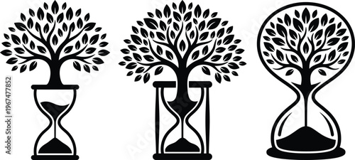 Tree Growing in Hourglasses Silhouette Set Vector