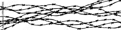 Hand-drawn black silhouette of overlapping barbed wire isolated on white. Dense barbwire vector barrier,  fence with sharp barb. Security, war, migration, restricted area, guard, control concepts.