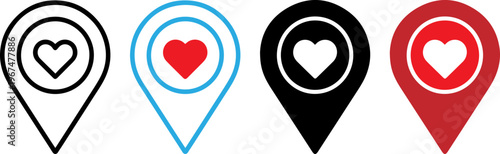 Variations of location pins with heart icons in different styles and colors