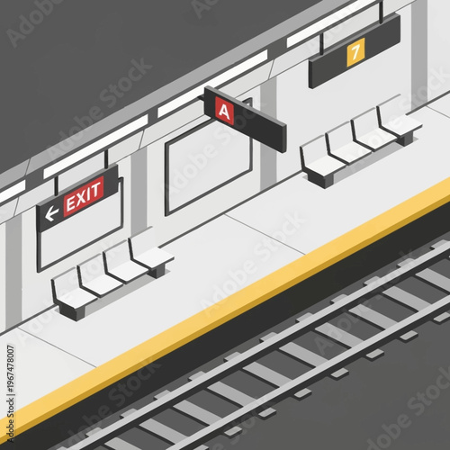 Isometric Subway Platform Illustration with Exit and Route Signs.