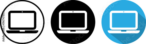 Three stylized laptop icons with different background circles