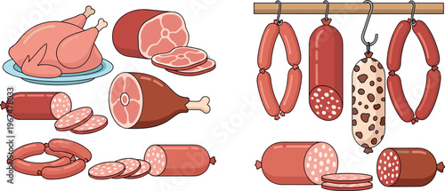 Variety of Processed Meats Including Whole Chicken, Ham, Sausages, and Hanging Salami, Vector Illustration for Gourmet and Food Themes