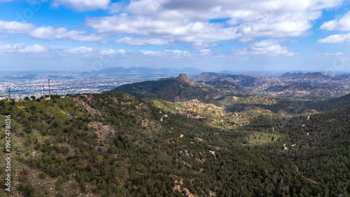 Drone view of the El Valle and Carrascoy Regional Park, Murcia, Spain, with the antennas on the Relojero peak
