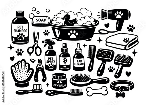 Pet grooming supplies collection, showing essential tools for dog wash, hygiene, and care, including a bath, brushes, and shampoo