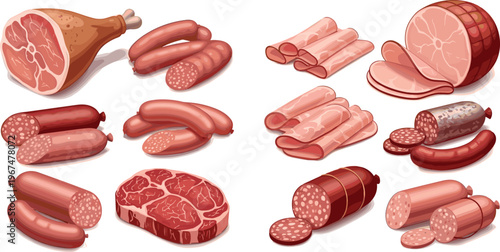 Variety of Processed Meats and Sausages Including Ham, Sausages, Salami, and Fresh Cuts for Gourmet, Deli, and Culinary Themes