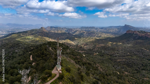 Drone view of the El Valle and Carrascoy Regional Park, Murcia, Spain, with the antennas on the Relojero peak
