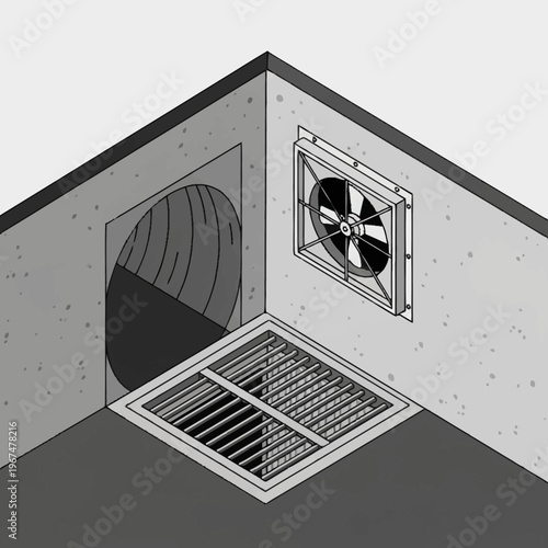 Isometric Illustration of Ventilation System with Fan and Duct.