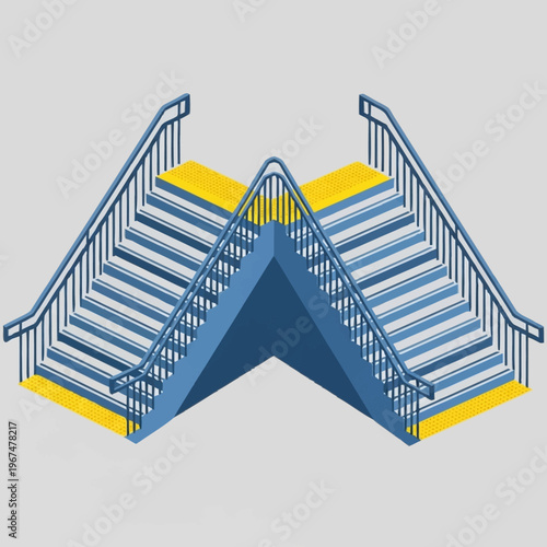 Isometric View of a Staircase with Yellow Accents and Blue Railings.