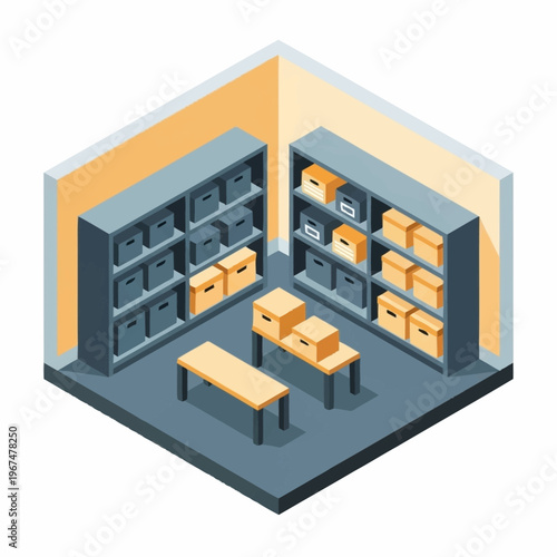 Isometric View of a Storage Room with Shelves and Boxes.
