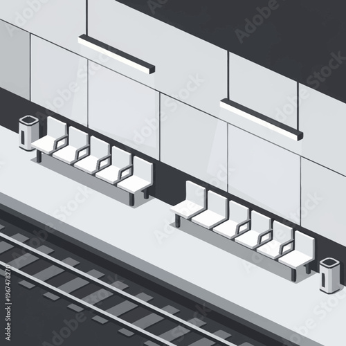 Isometric Subway Station Platform with Benches and Lighting.