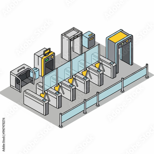 Isometric Security Checkpoint Illustration with Turnstiles and Metal Detector.
