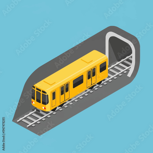 Isometric Yellow Subway Train Entering Tunnel on Tracks.