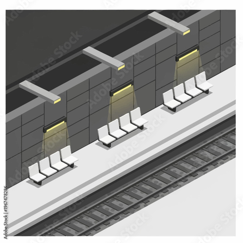 Isometric Subway Platform Illustration with Seating and Lighting.