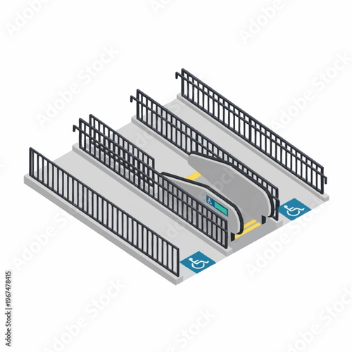 Isometric View of Escalator and Stairs with Accessibility Symbols.