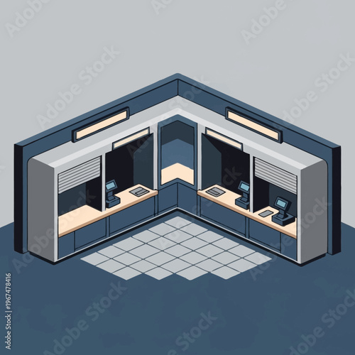 Isometric View of a Bank Teller Counter with Security Features.