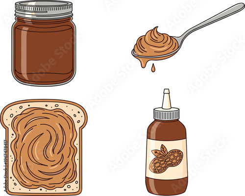 Vector Illustration of Peanut Butter Jar, Spread on Toast, Spoon with Peanut Butter, and Squeeze Bottle for Food, Snack, and Breakfast Designs