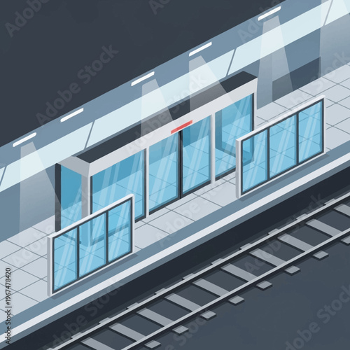 Isometric View of a Modern Subway Platform with Glass Barriers.