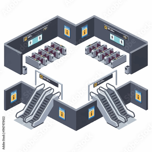 Isometric Subway Station Entrance with Escalators and Turnstiles.