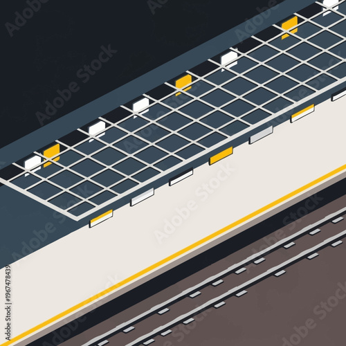 Isometric Subway Platform Illustration with Grid and Yellow Accents.