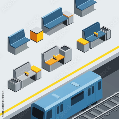 Isometric Subway Platform with Train and Seating Arrangements.