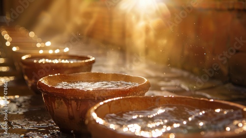 Maundy Thursday background. Jesus easter service. Generative AI concept of Maundy Thursday feet washing and service, row of ancient clay bowls with water illuminated by divine sunlight.