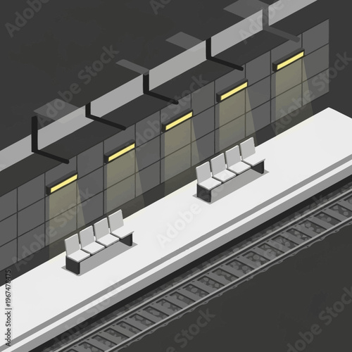 Isometric Subway Station Platform with Benches and Lighting.