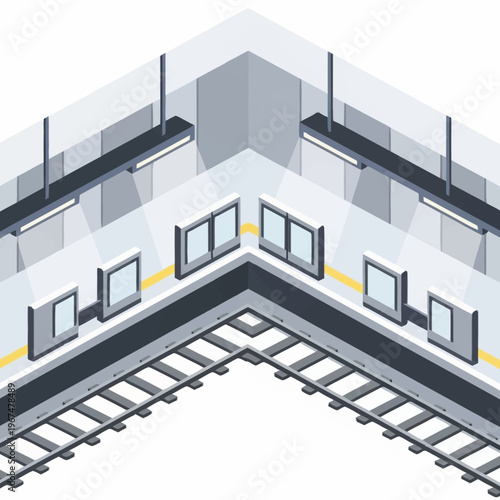Isometric Subway Station Platform Illustration with Tracks and Lighting.