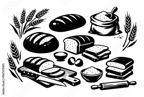 Bakery elements creating a graphic set, preparing fresh bread and pastries with wheat, flour, dough, and baking utensils