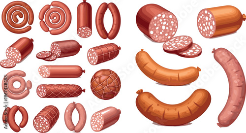 Variety of Sausages and Processed Meats Including Sausage Links, Salami, and Sliced Cuts, Vector Illustration for Food and Gourmet Themes