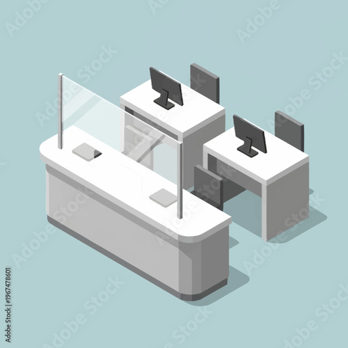 Isometric View of Bank Counters with Protective Screens and Computers.
