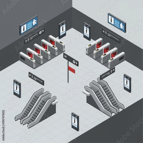 Isometric Subway Station Entrance with Escalators and Turnstiles.