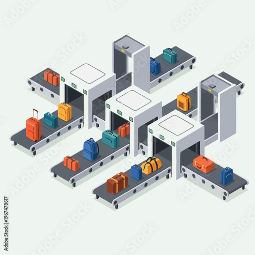 Airport Security Checkpoint Conveyor Belts with Luggage Scanning.