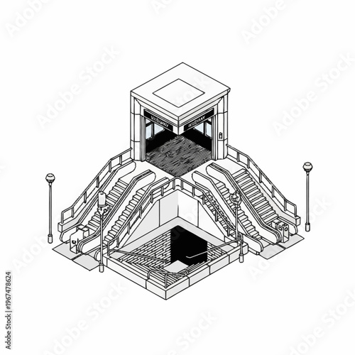 Isometric view of an urban structure with stairs and platform.
