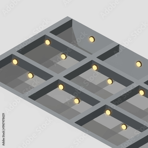 Isometric View of a Coffered Ceiling with Recessed Lighting.